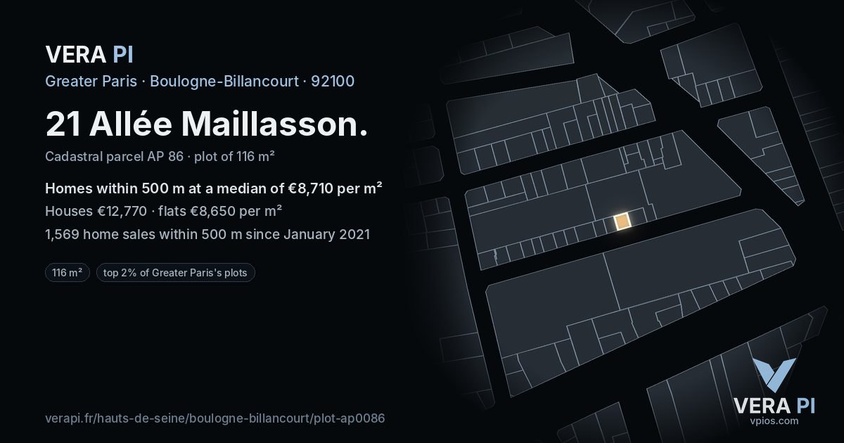 21 Allée Maillasson, Boulogne-Billancourt at night – the plot lit, the parcels around coloured by the prices near them