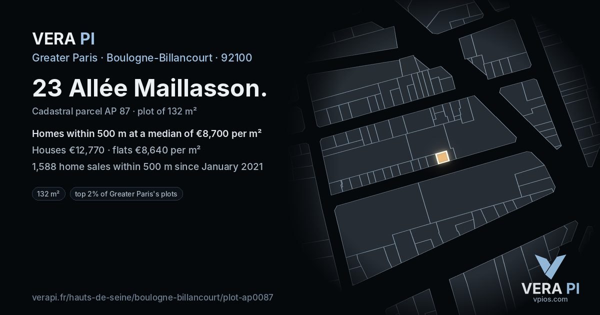 23 Allée Maillasson, Boulogne-Billancourt at night – the plot lit, the parcels around coloured by the prices near them