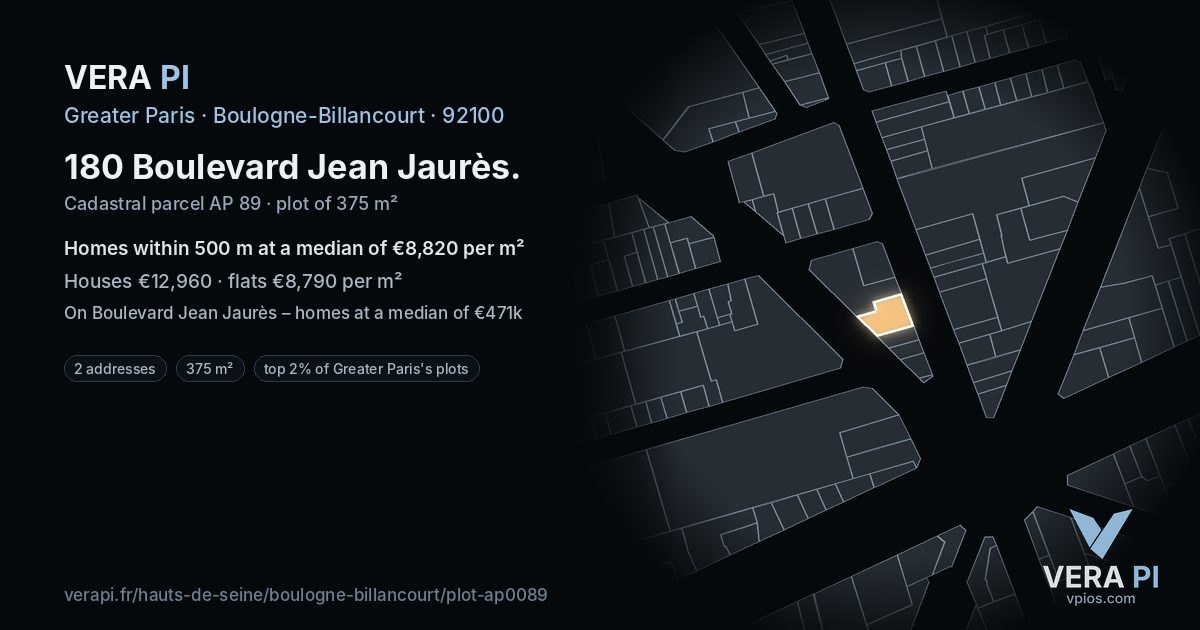 180 Boulevard Jean Jaurès, Boulogne-Billancourt at night – the plot lit, the parcels around coloured by the prices near them