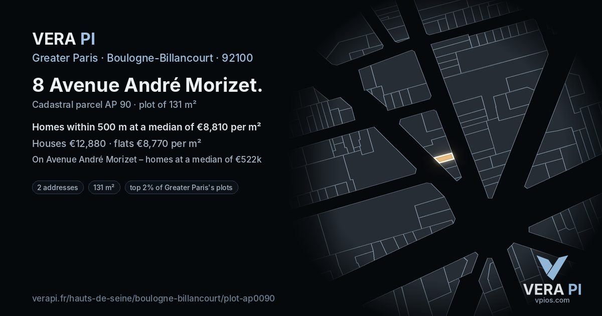 8 Avenue André Morizet, Boulogne-Billancourt at night – the plot lit, the parcels around coloured by the prices near them