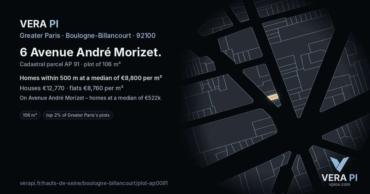 6 Avenue André Morizet, Boulogne-Billancourt at night – the plot lit, the parcels around coloured by the prices near them