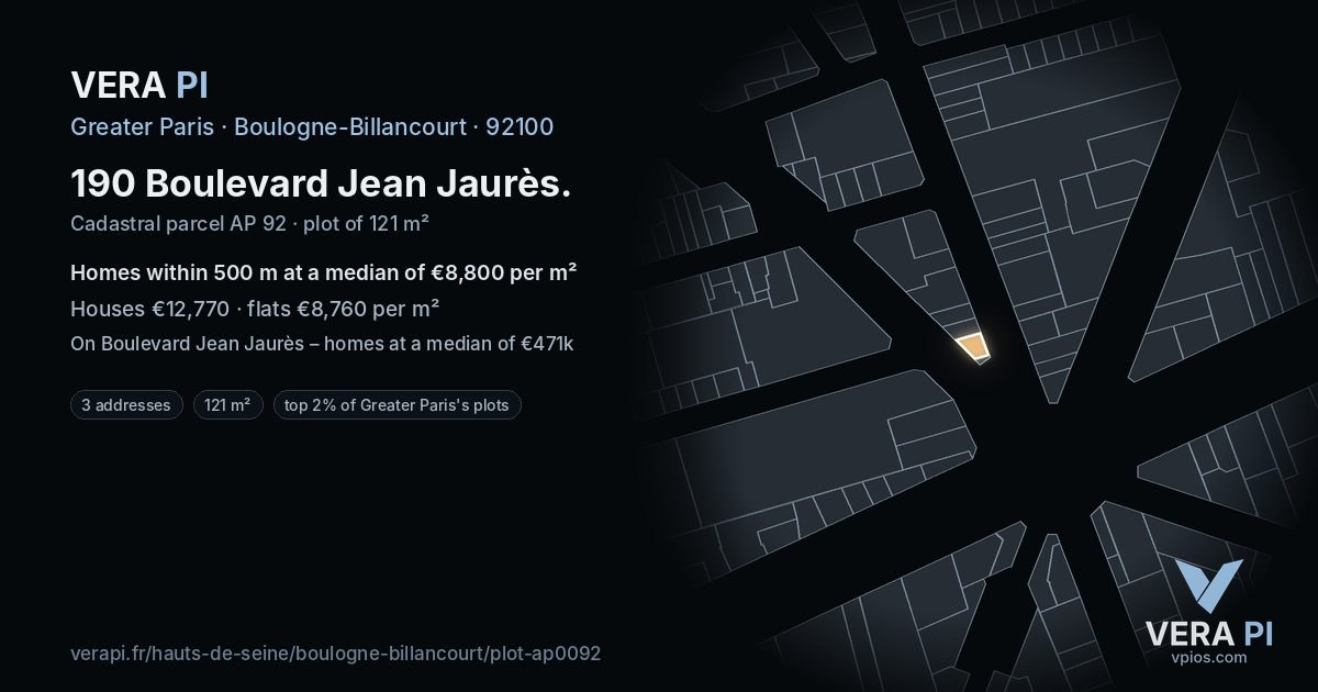 190 Boulevard Jean Jaurès, Boulogne-Billancourt at night – the plot lit, the parcels around coloured by the prices near them