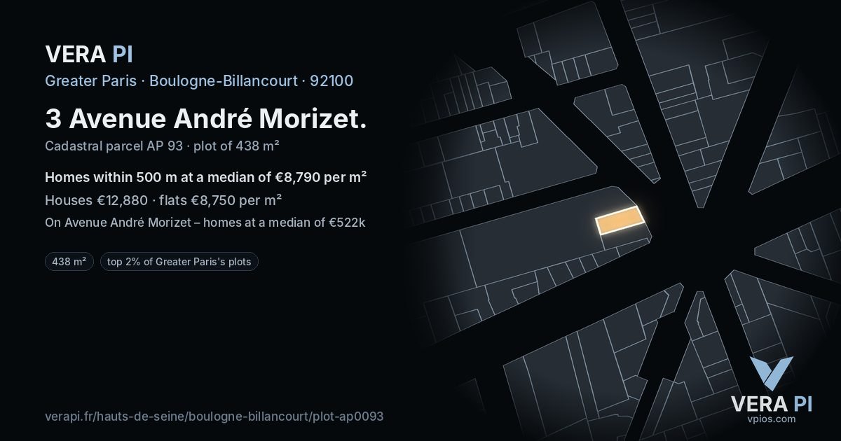 3 Avenue André Morizet, Boulogne-Billancourt at night – the plot lit, the parcels around coloured by the prices near them