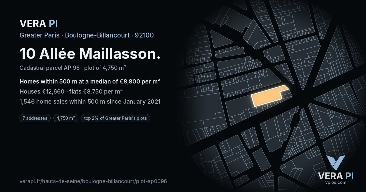 10 Allée Maillasson, Boulogne-Billancourt at night – the plot lit, the parcels around coloured by the prices near them
