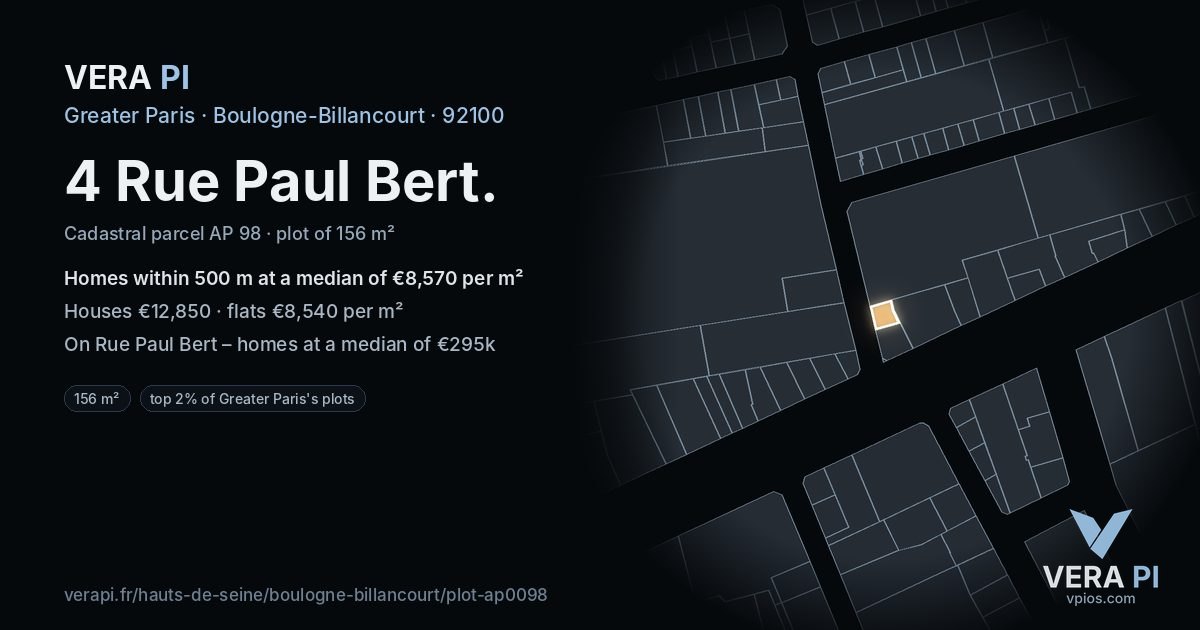 4 Rue Paul Bert, Boulogne-Billancourt at night – the plot lit, the parcels around coloured by the prices near them