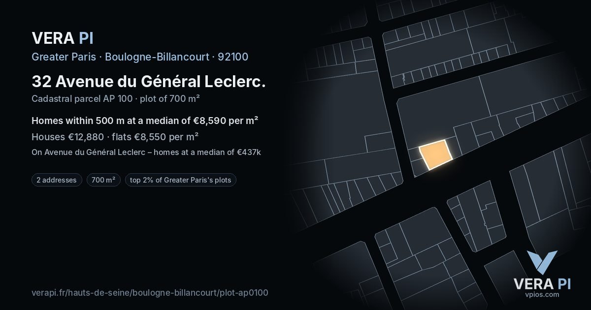 32 Avenue du Général Leclerc, Boulogne-Billancourt at night – the plot lit, the parcels around coloured by the prices near them