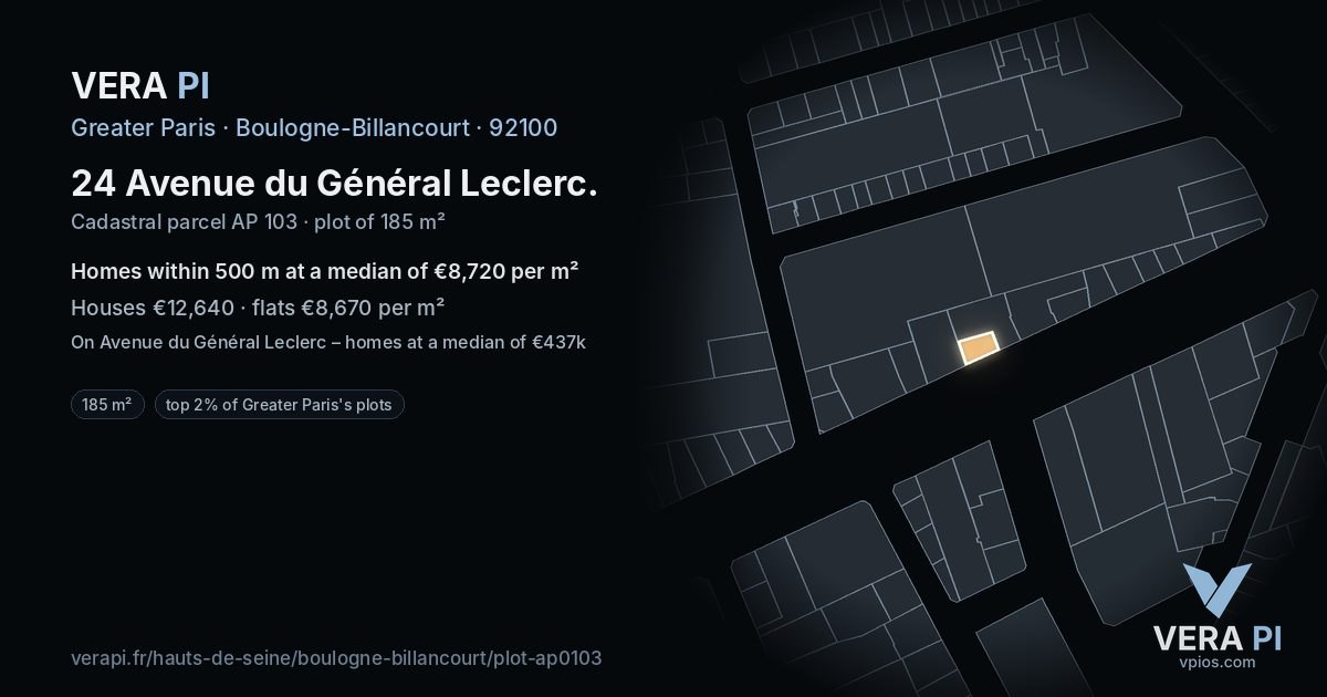 24 Avenue du Général Leclerc, Boulogne-Billancourt at night – the plot lit, the parcels around coloured by the prices near them