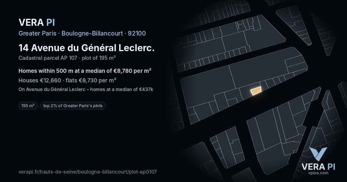 14 Avenue du Général Leclerc, Boulogne-Billancourt at night – the plot lit, the parcels around coloured by the prices near them