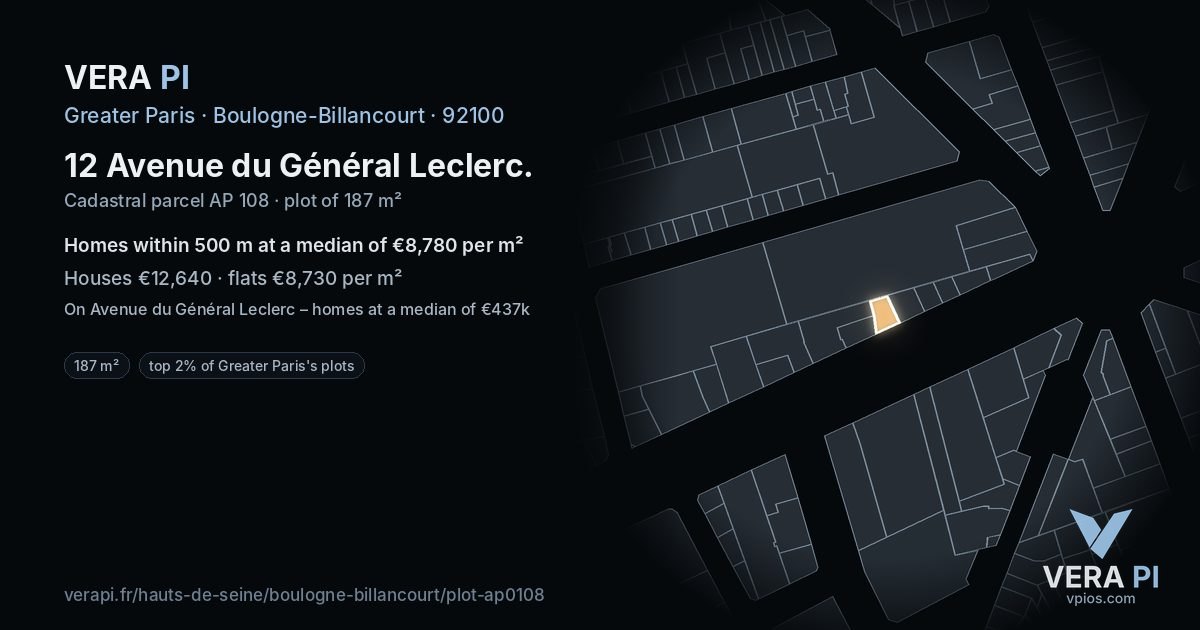 12 Avenue du Général Leclerc, Boulogne-Billancourt at night – the plot lit, the parcels around coloured by the prices near them