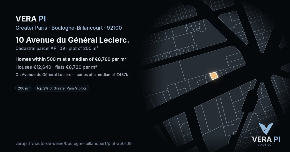 10 Avenue du Général Leclerc, Boulogne-Billancourt at night – the plot lit, the parcels around coloured by the prices near them