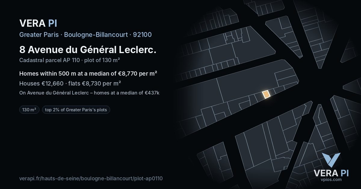 8 Avenue du Général Leclerc, Boulogne-Billancourt at night – the plot lit, the parcels around coloured by the prices near them