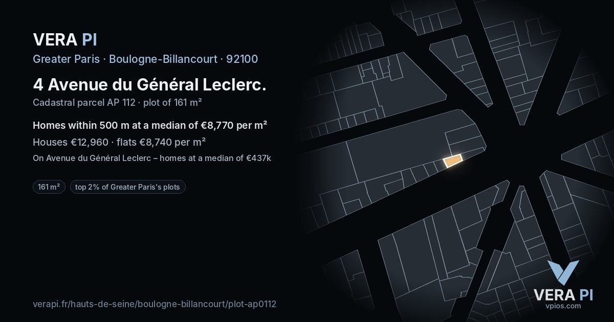 4 Avenue du Général Leclerc, Boulogne-Billancourt at night – the plot lit, the parcels around coloured by the prices near them