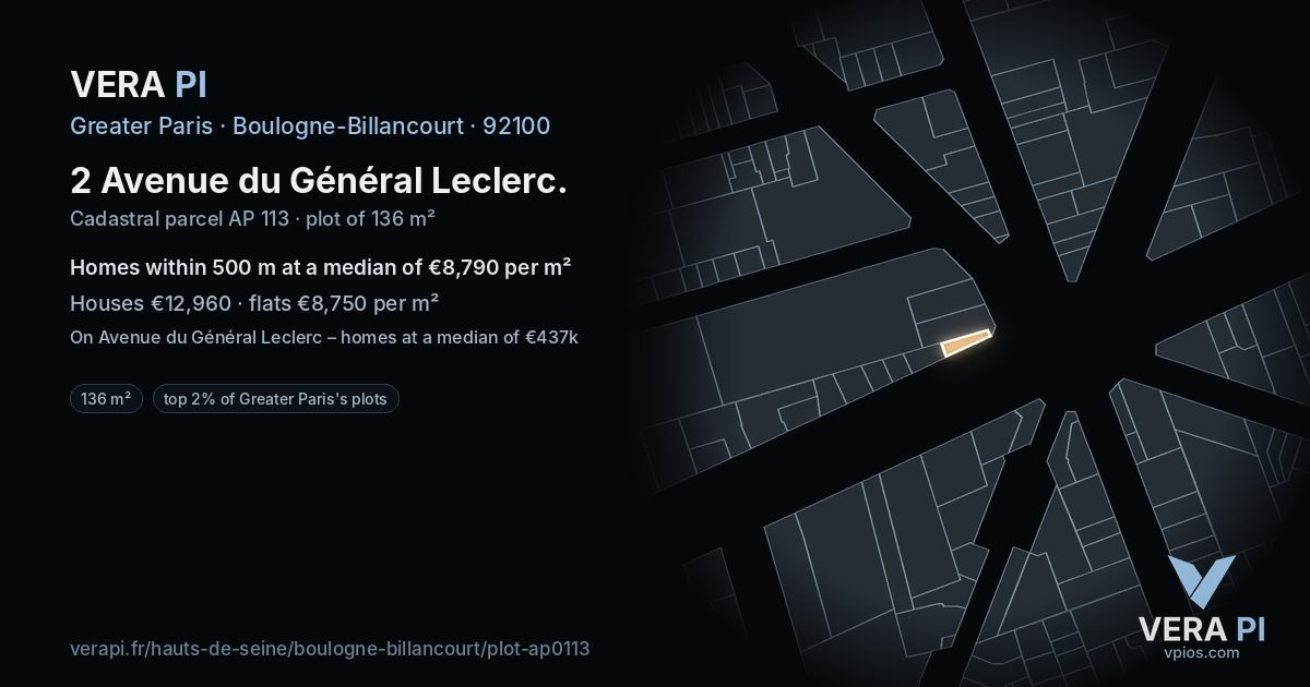 2 Avenue du Général Leclerc, Boulogne-Billancourt at night – the plot lit, the parcels around coloured by the prices near them