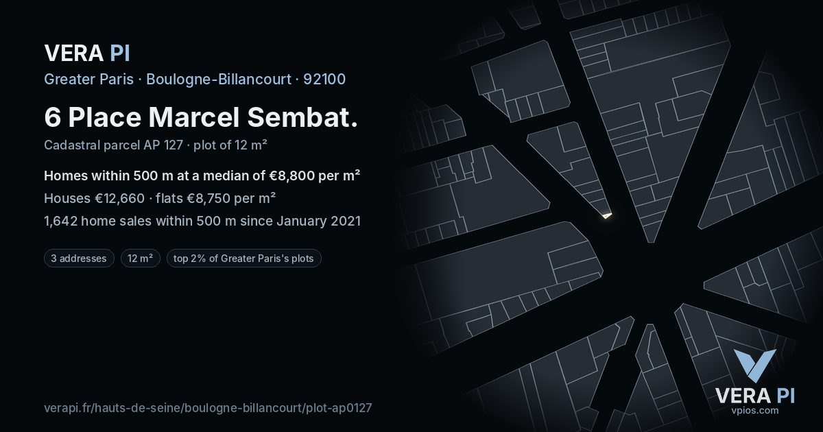6 Place Marcel Sembat, Boulogne-Billancourt at night – the plot lit, the parcels around coloured by the prices near them