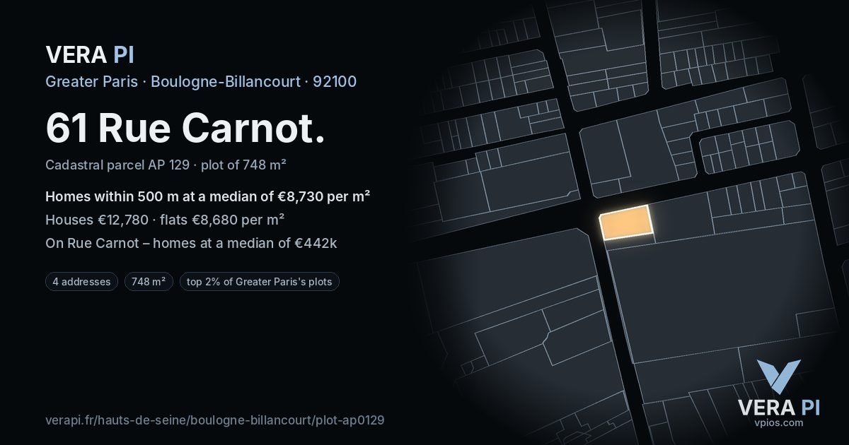 61 Rue Carnot, Boulogne-Billancourt at night – the plot lit, the parcels around coloured by the prices near them