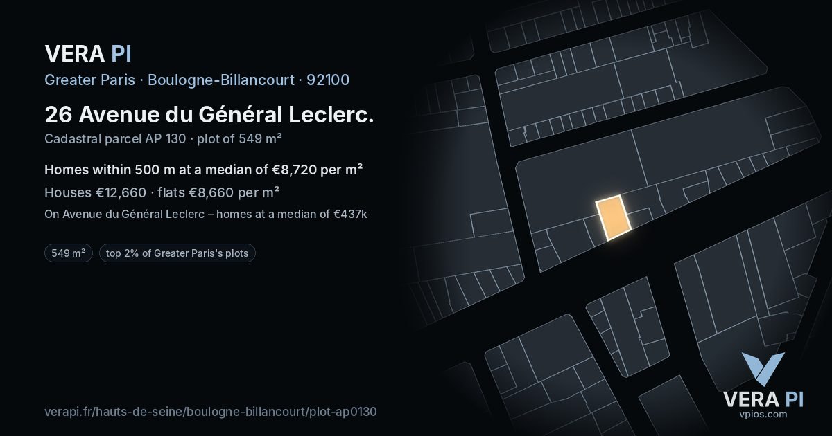 26 Avenue du Général Leclerc, Boulogne-Billancourt at night – the plot lit, the parcels around coloured by the prices near them