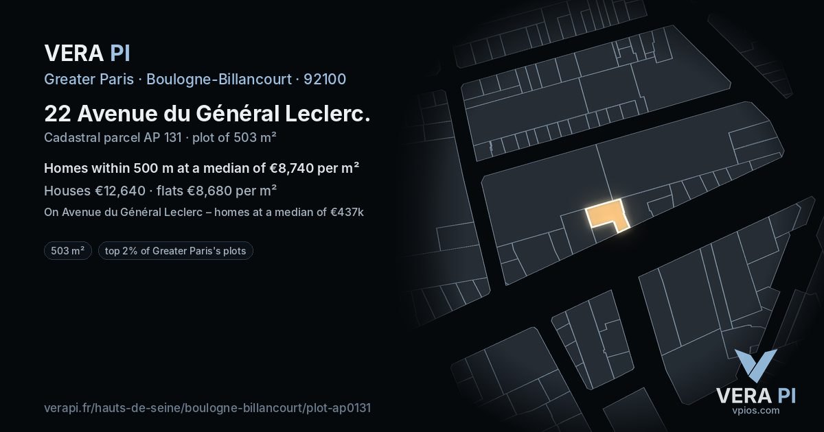 22 Avenue du Général Leclerc, Boulogne-Billancourt at night – the plot lit, the parcels around coloured by the prices near them