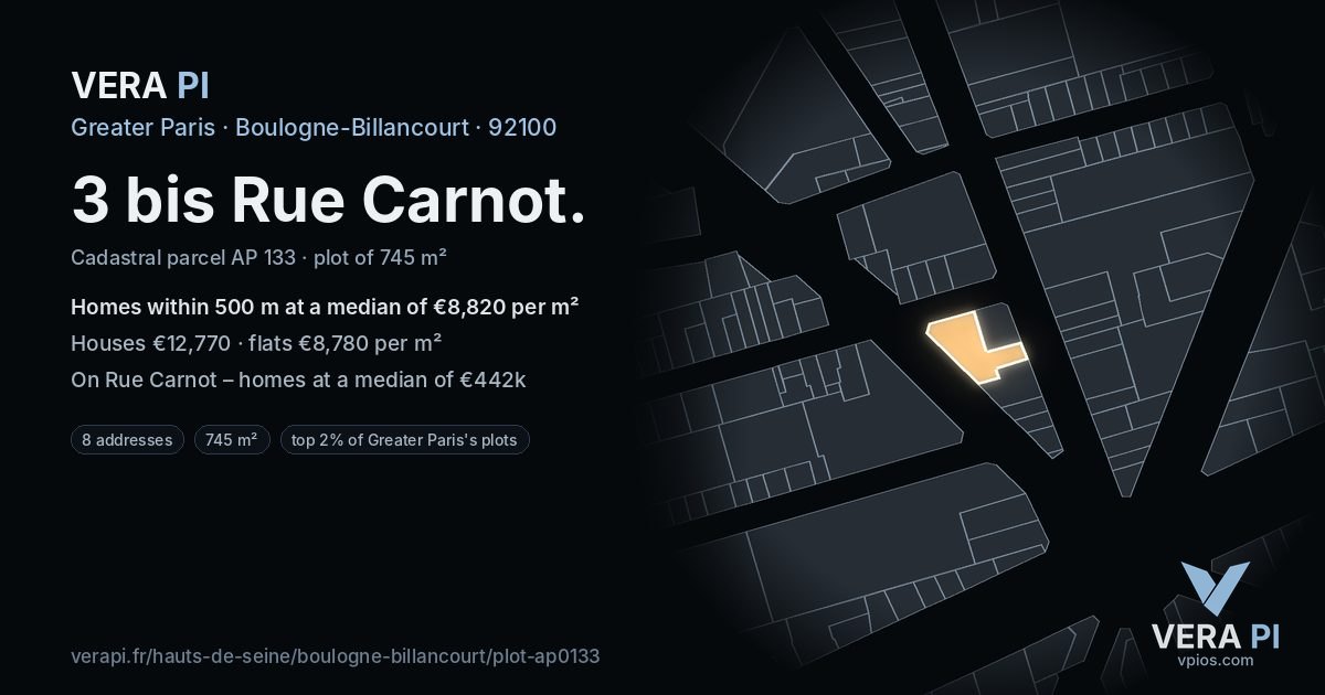 3 bis Rue Carnot, Boulogne-Billancourt at night – the plot lit, the parcels around coloured by the prices near them