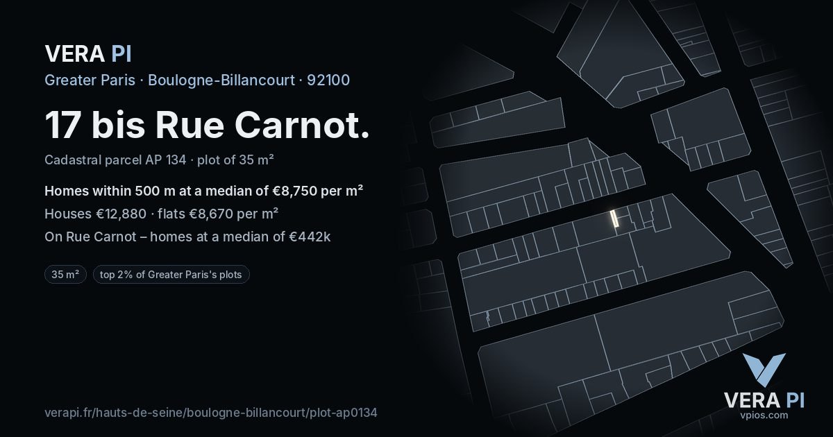 17 bis Rue Carnot, Boulogne-Billancourt at night – the plot lit, the parcels around coloured by the prices near them