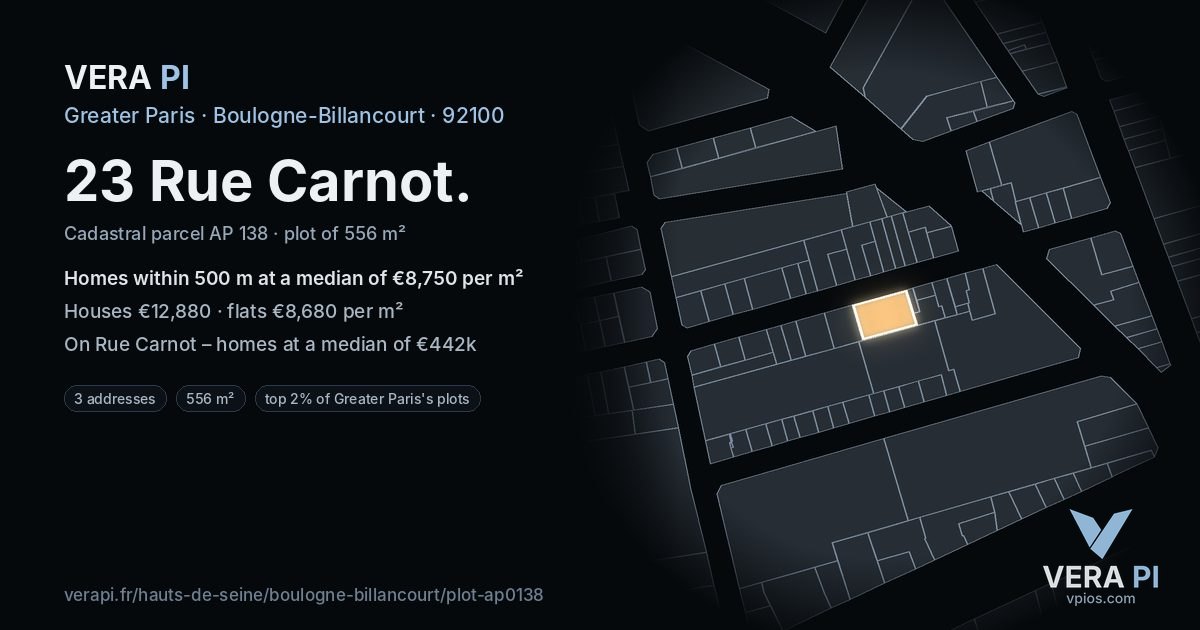 23 Rue Carnot, Boulogne-Billancourt at night – the plot lit, the parcels around coloured by the prices near them