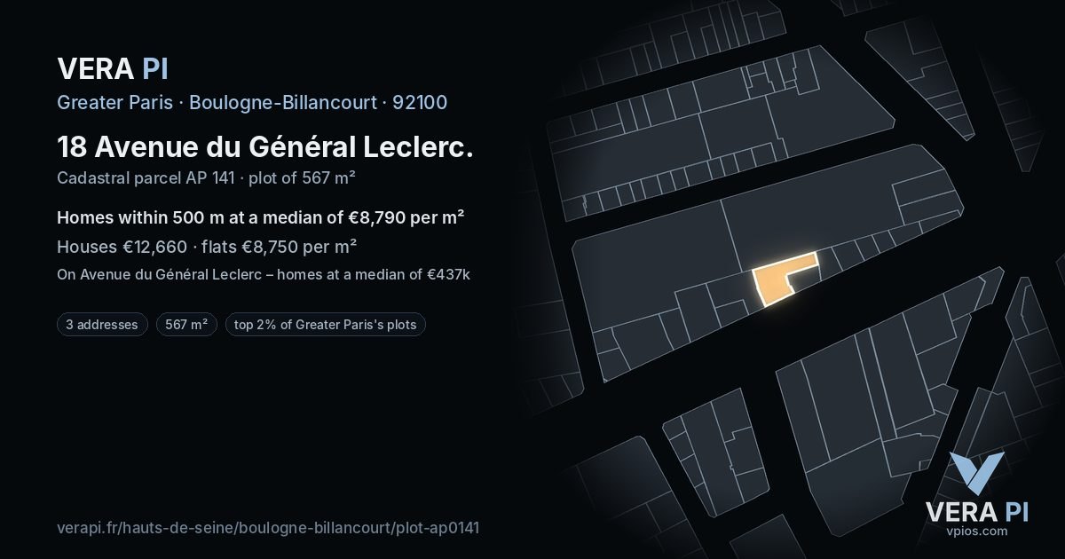 18 Avenue du Général Leclerc, Boulogne-Billancourt at night – the plot lit, the parcels around coloured by the prices near them