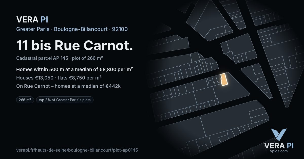 11 bis Rue Carnot, Boulogne-Billancourt at night – the plot lit, the parcels around coloured by the prices near them