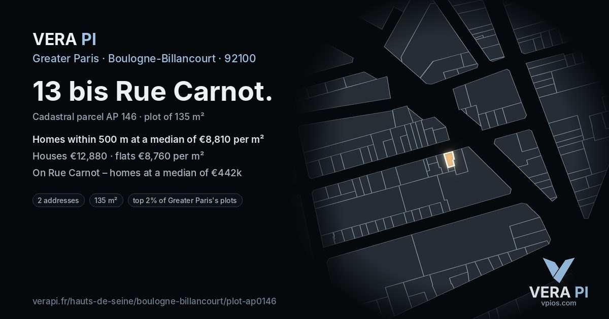 13 bis Rue Carnot, Boulogne-Billancourt at night – the plot lit, the parcels around coloured by the prices near them