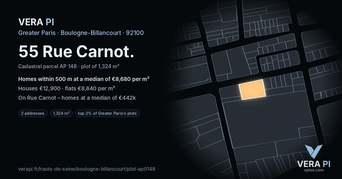 55 Rue Carnot, Boulogne-Billancourt at night – the plot lit, the parcels around coloured by the prices near them