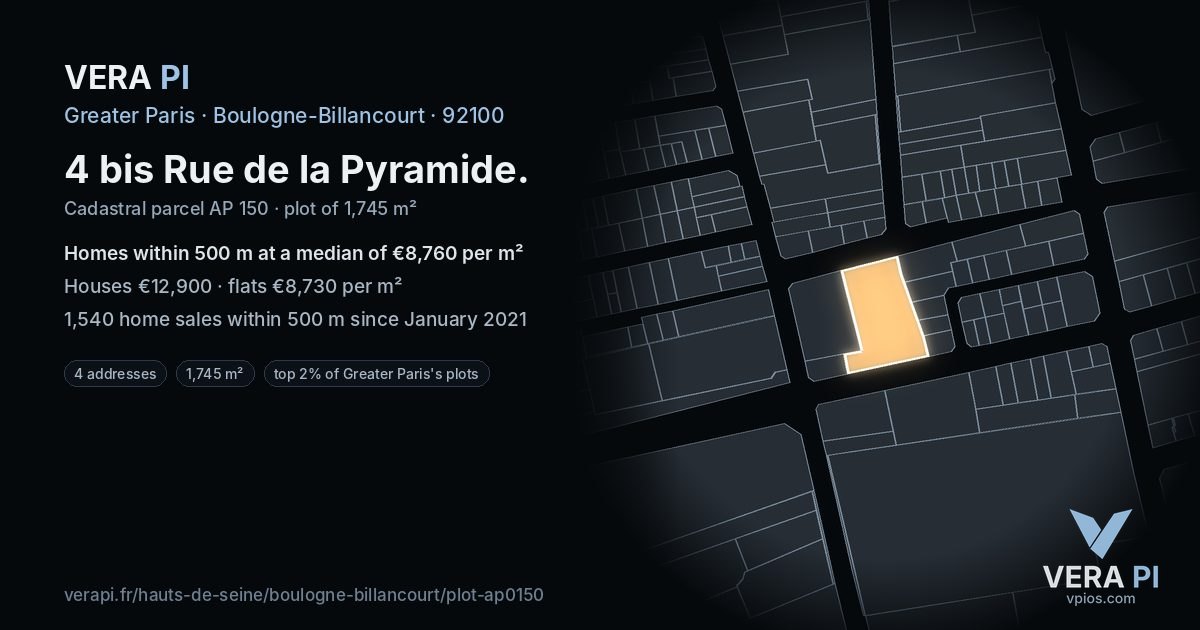 4 bis Rue de la Pyramide, Boulogne-Billancourt at night – the plot lit, the parcels around coloured by the prices near them