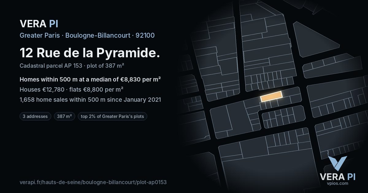 12 Rue de la Pyramide, Boulogne-Billancourt at night – the plot lit, the parcels around coloured by the prices near them