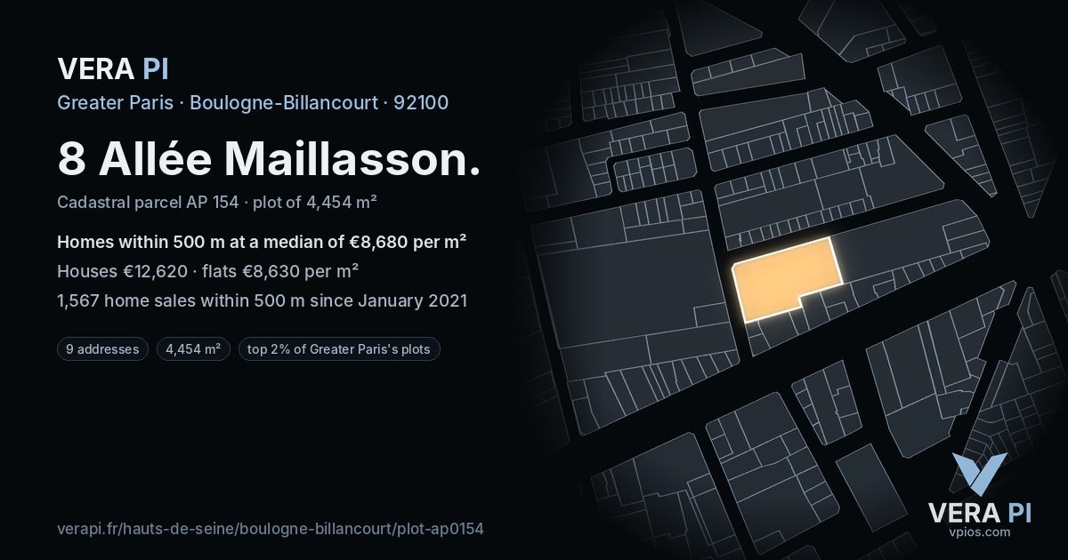 8 Allée Maillasson, Boulogne-Billancourt at night – the plot lit, the parcels around coloured by the prices near them