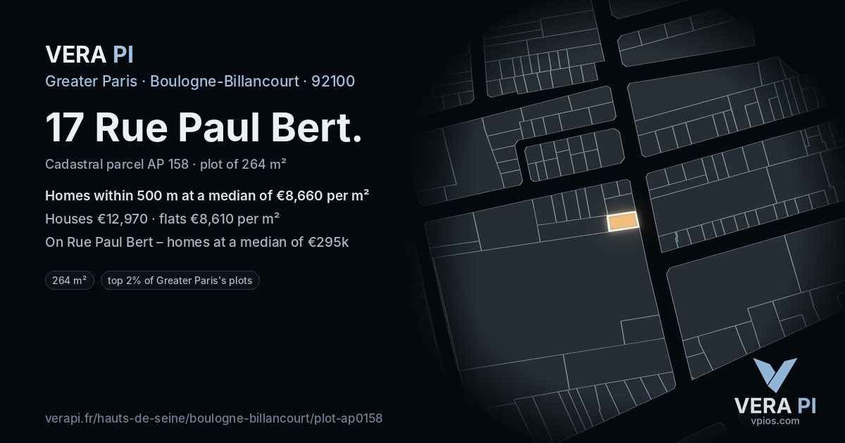 17 Rue Paul Bert, Boulogne-Billancourt at night – the plot lit, the parcels around coloured by the prices near them