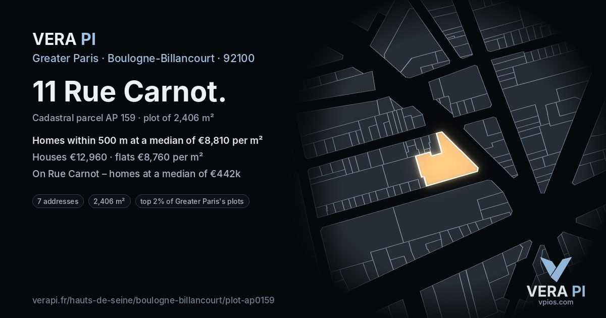 11 Rue Carnot, Boulogne-Billancourt at night – the plot lit, the parcels around coloured by the prices near them
