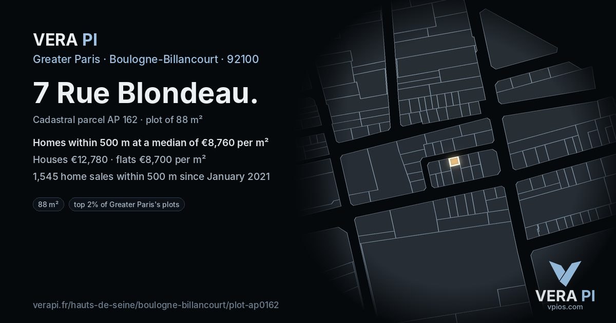 7 Rue Blondeau, Boulogne-Billancourt at night – the plot lit, the parcels around coloured by the prices near them