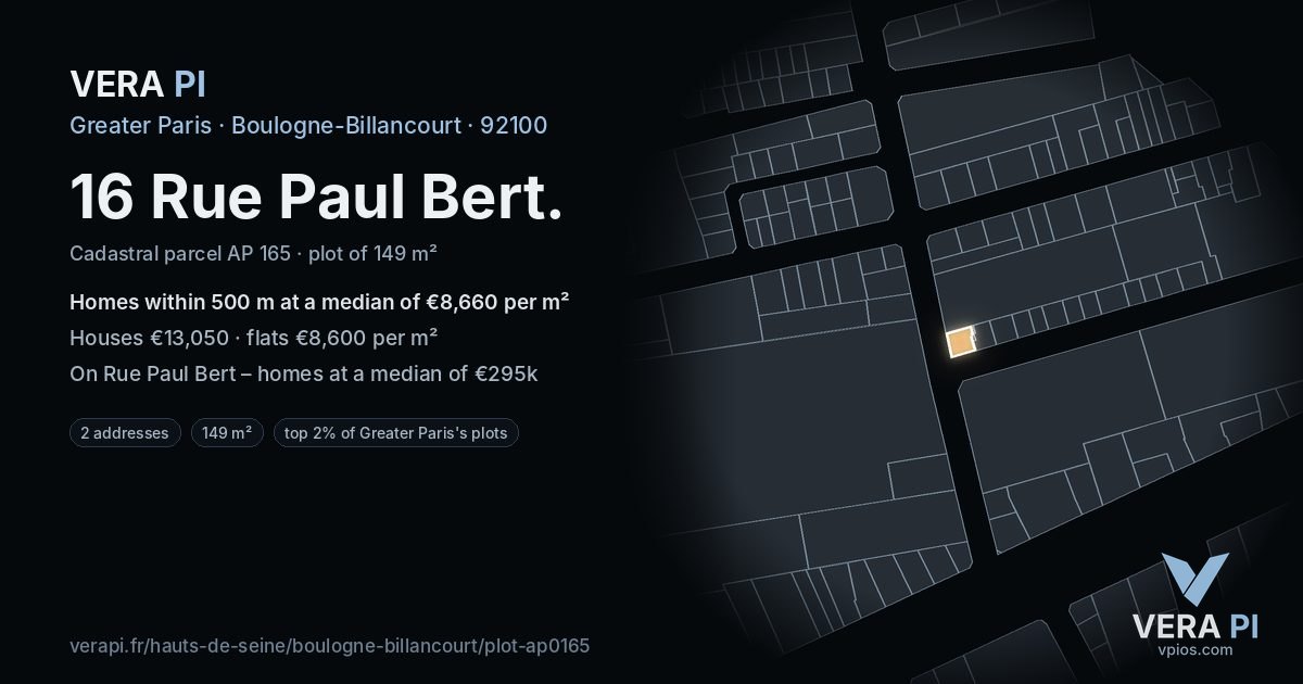 16 Rue Paul Bert, Boulogne-Billancourt at night – the plot lit, the parcels around coloured by the prices near them