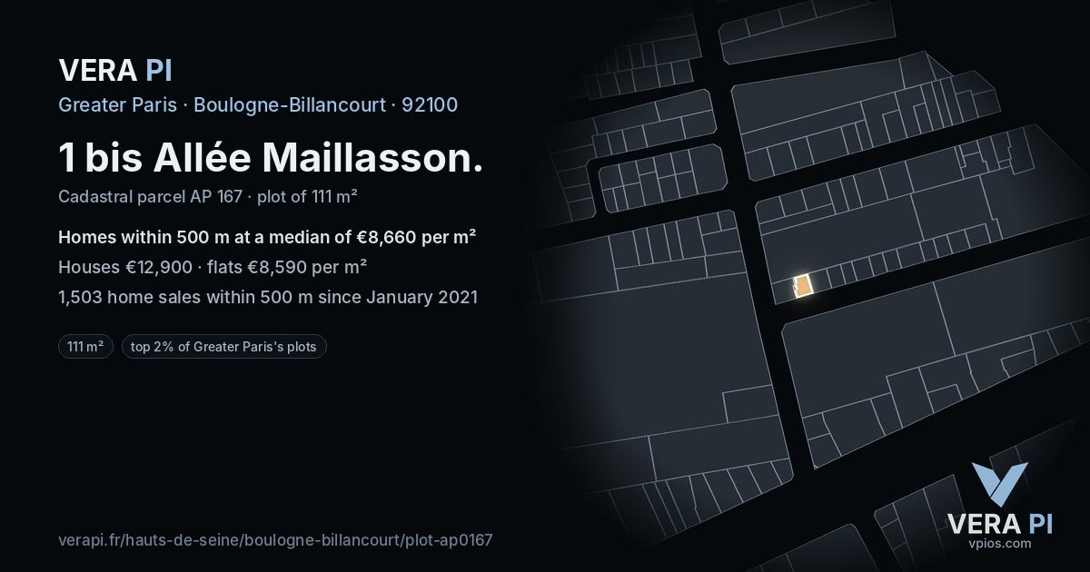 1 bis Allée Maillasson, Boulogne-Billancourt at night – the plot lit, the parcels around coloured by the prices near them