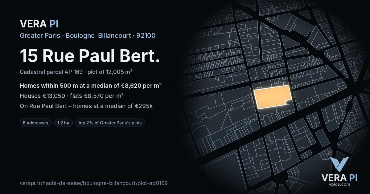 15 Rue Paul Bert, Boulogne-Billancourt at night – the plot lit, the parcels around coloured by the prices near them