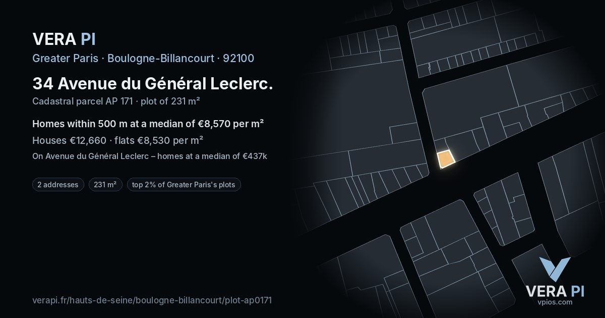 34 Avenue du Général Leclerc, Boulogne-Billancourt at night – the plot lit, the parcels around coloured by the prices near them