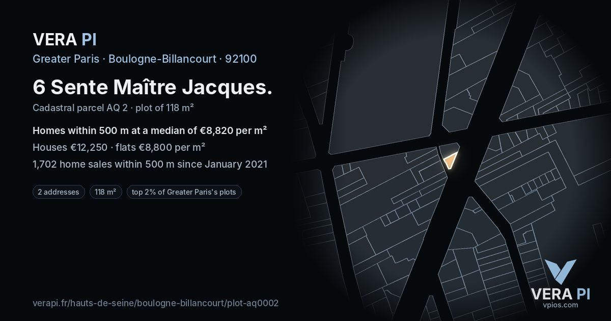 6 Sente Maître Jacques, Boulogne-Billancourt at night – the plot lit, the parcels around coloured by the prices near them