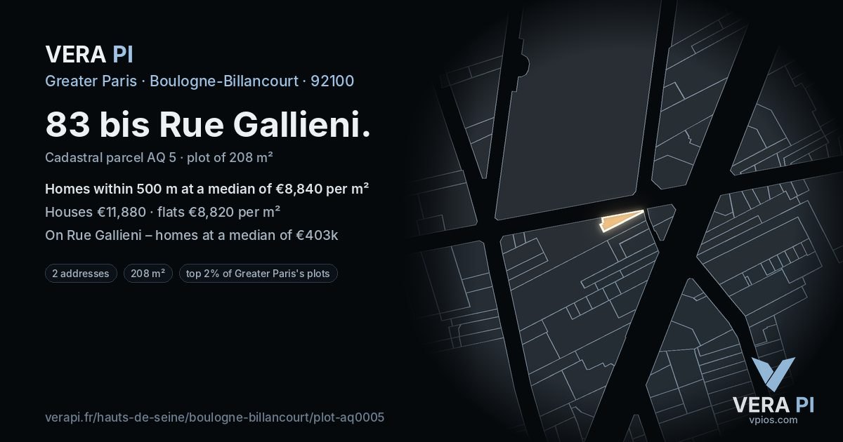 83 bis Rue Gallieni, Boulogne-Billancourt at night – the plot lit, the parcels around coloured by the prices near them