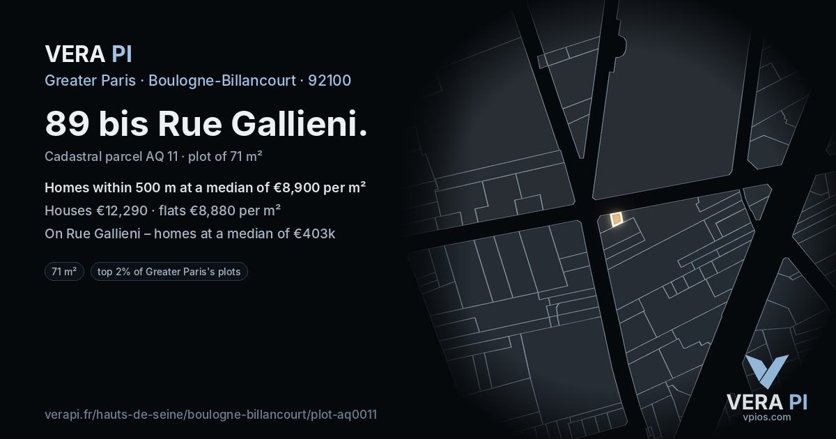 89 bis Rue Gallieni, Boulogne-Billancourt at night – the plot lit, the parcels around coloured by the prices near them