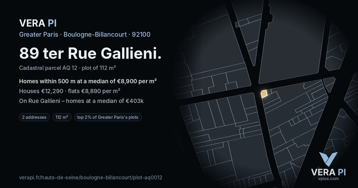 89 ter Rue Gallieni, Boulogne-Billancourt at night – the plot lit, the parcels around coloured by the prices near them