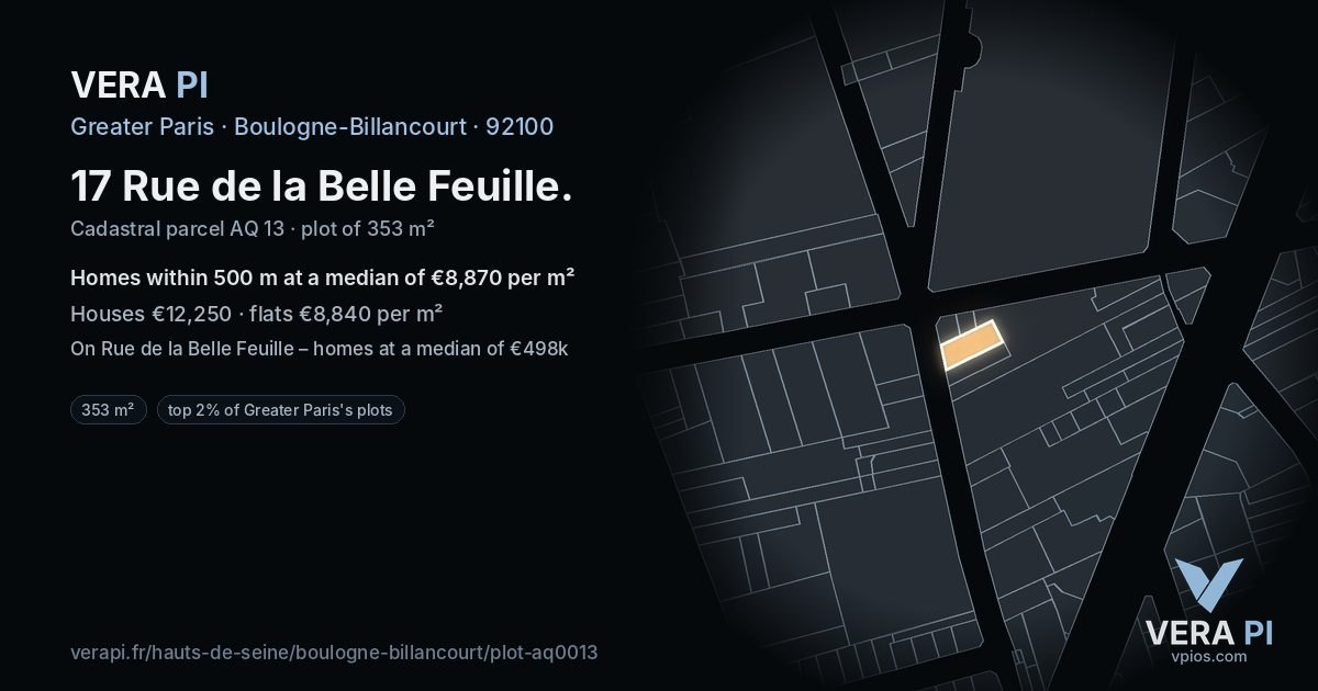 17 Rue de la Belle Feuille, Boulogne-Billancourt at night – the plot lit, the parcels around coloured by the prices near them