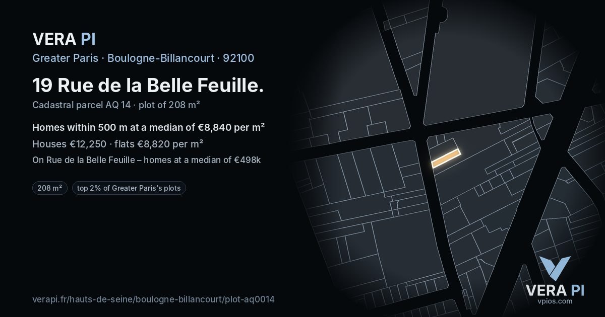19 Rue de la Belle Feuille, Boulogne-Billancourt at night – the plot lit, the parcels around coloured by the prices near them