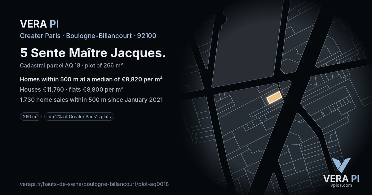 5 Sente Maître Jacques, Boulogne-Billancourt at night – the plot lit, the parcels around coloured by the prices near them