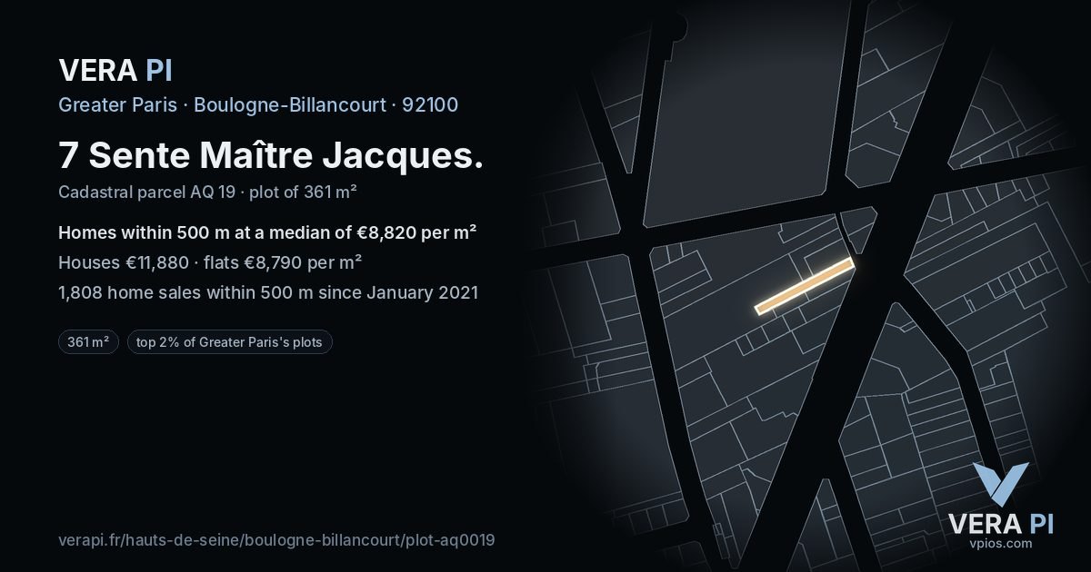 7 Sente Maître Jacques, Boulogne-Billancourt at night – the plot lit, the parcels around coloured by the prices near them