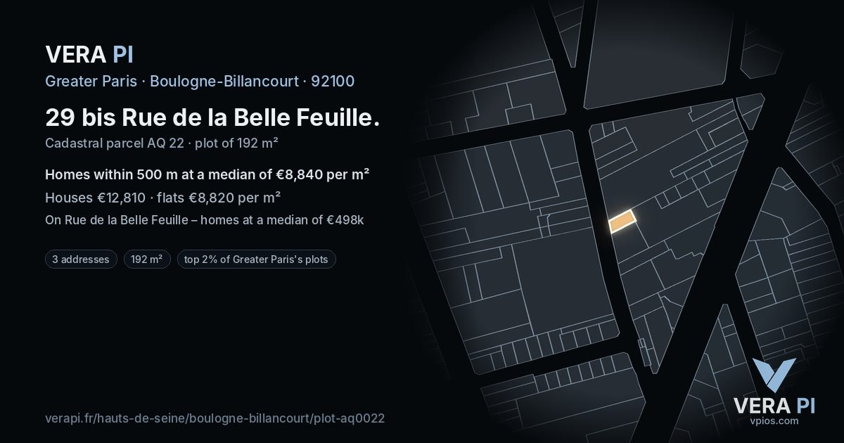 29 bis Rue de la Belle Feuille, Boulogne-Billancourt at night – the plot lit, the parcels around coloured by the prices near them
