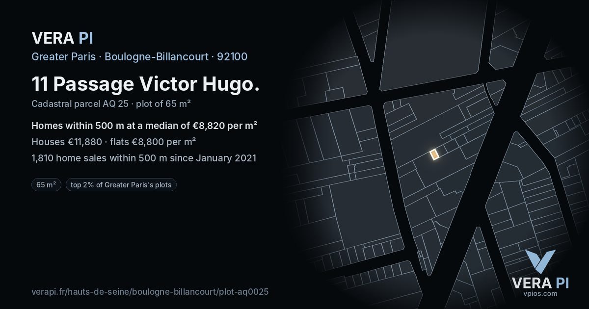 11 Passage Victor Hugo, Boulogne-Billancourt at night – the plot lit, the parcels around coloured by the prices near them
