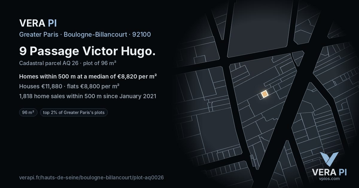 9 Passage Victor Hugo, Boulogne-Billancourt at night – the plot lit, the parcels around coloured by the prices near them