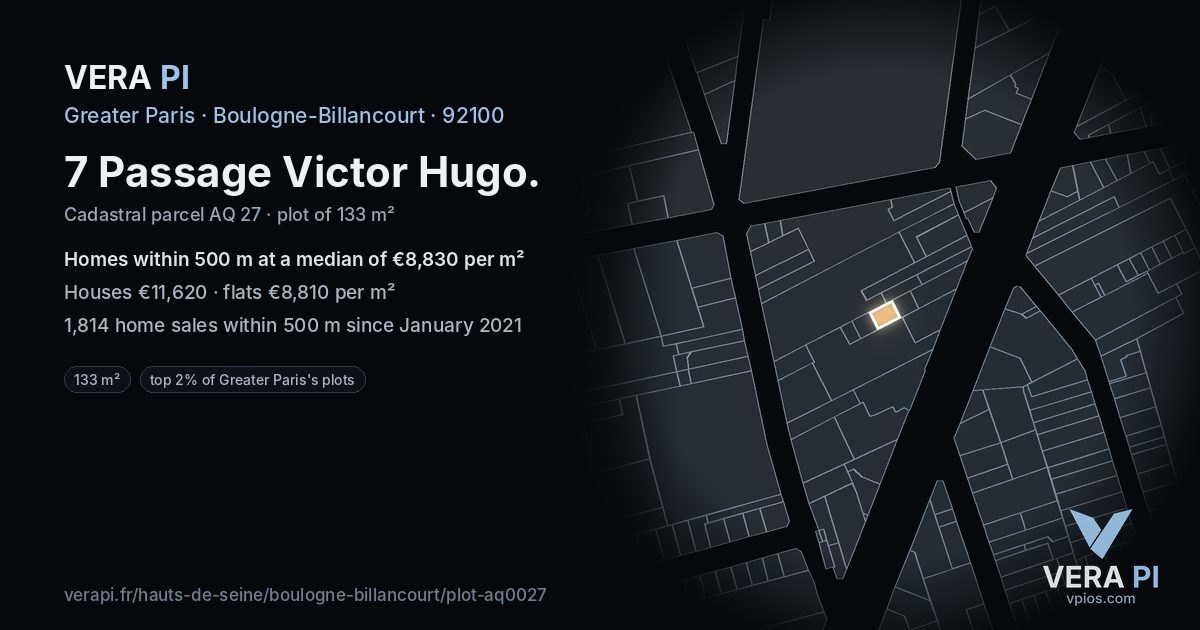 7 Passage Victor Hugo, Boulogne-Billancourt at night – the plot lit, the parcels around coloured by the prices near them